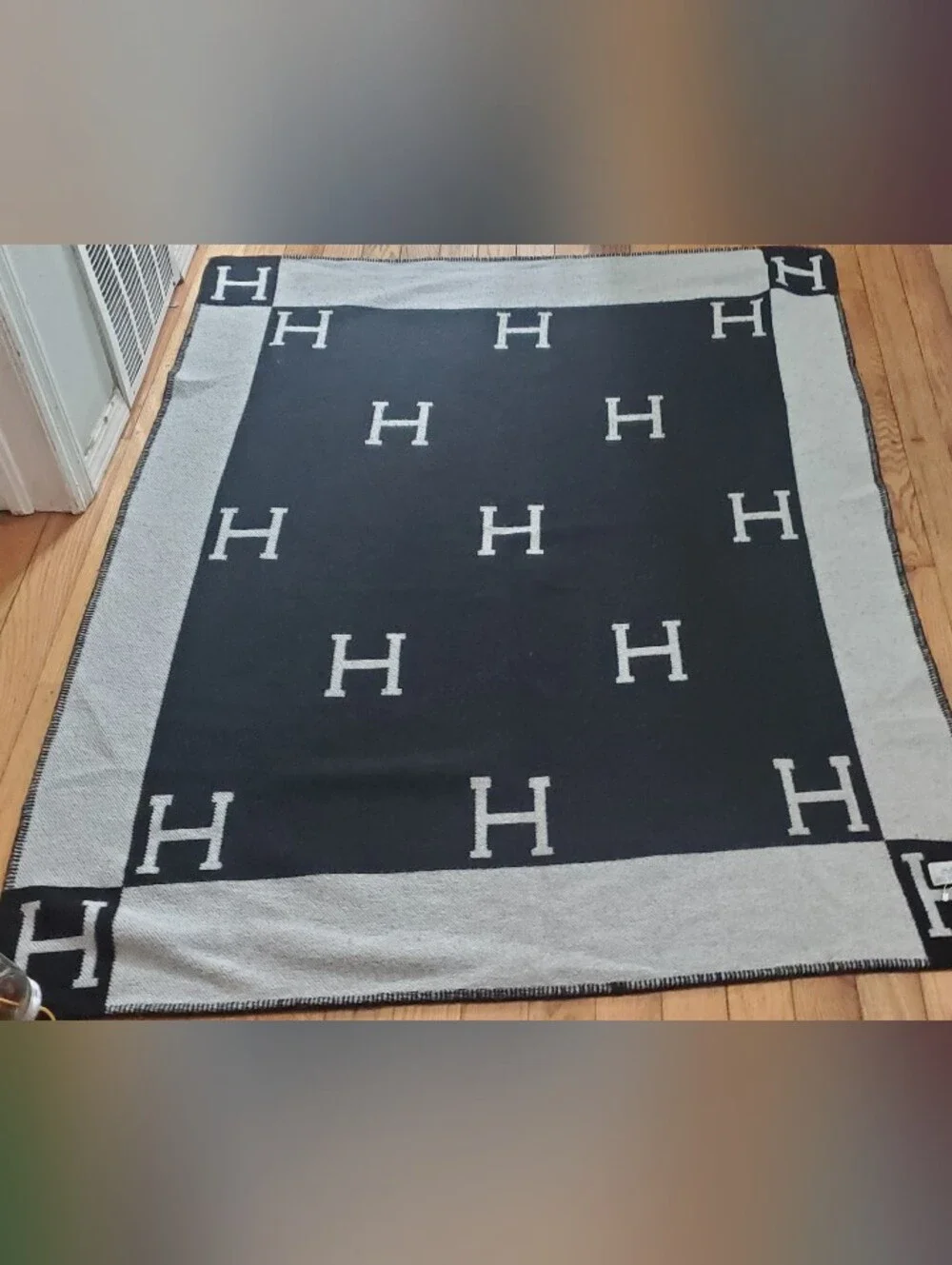 Hermes Avalon III Black and Cream Logo Knit Throw